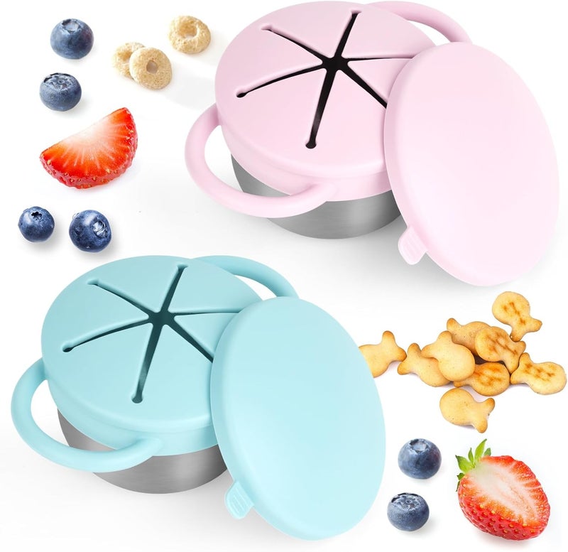 Daximo 2 Pack Snack Cups for Toddlers Spill Proof - Detachable Stainless Steel Toddler Snack Cups with Silicone Lids & Handles - Dishwasher Safe Baby Snack Containers (Light blue and Light pink) - Image 1